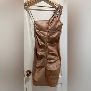 Cache blush pink champagne beaded one shoulder ruched mini dress size 2
